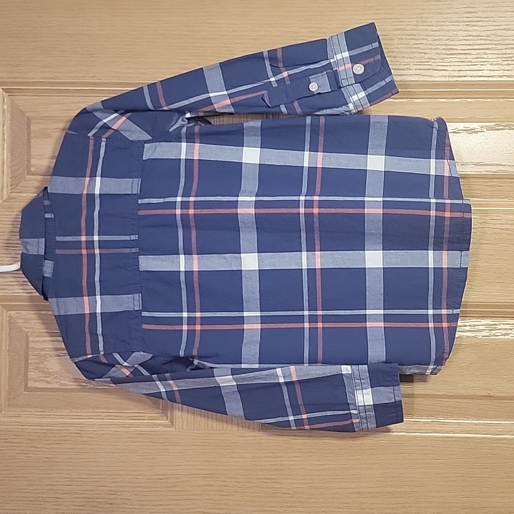 Boys 4T Button Up Plaid Collared Shirt in blue with white and orange stripes - Picture 6 of 7